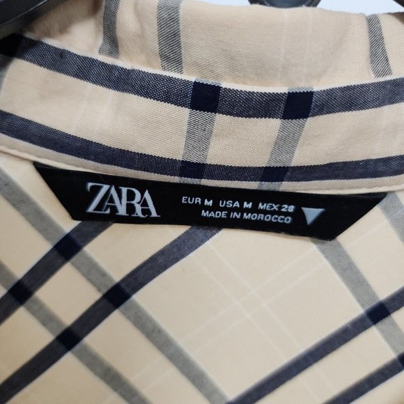 Zara Plaid Size Medium Tie Back Shirt Top Blouse Button Front Tan Gray womens - Picture 6 of 12